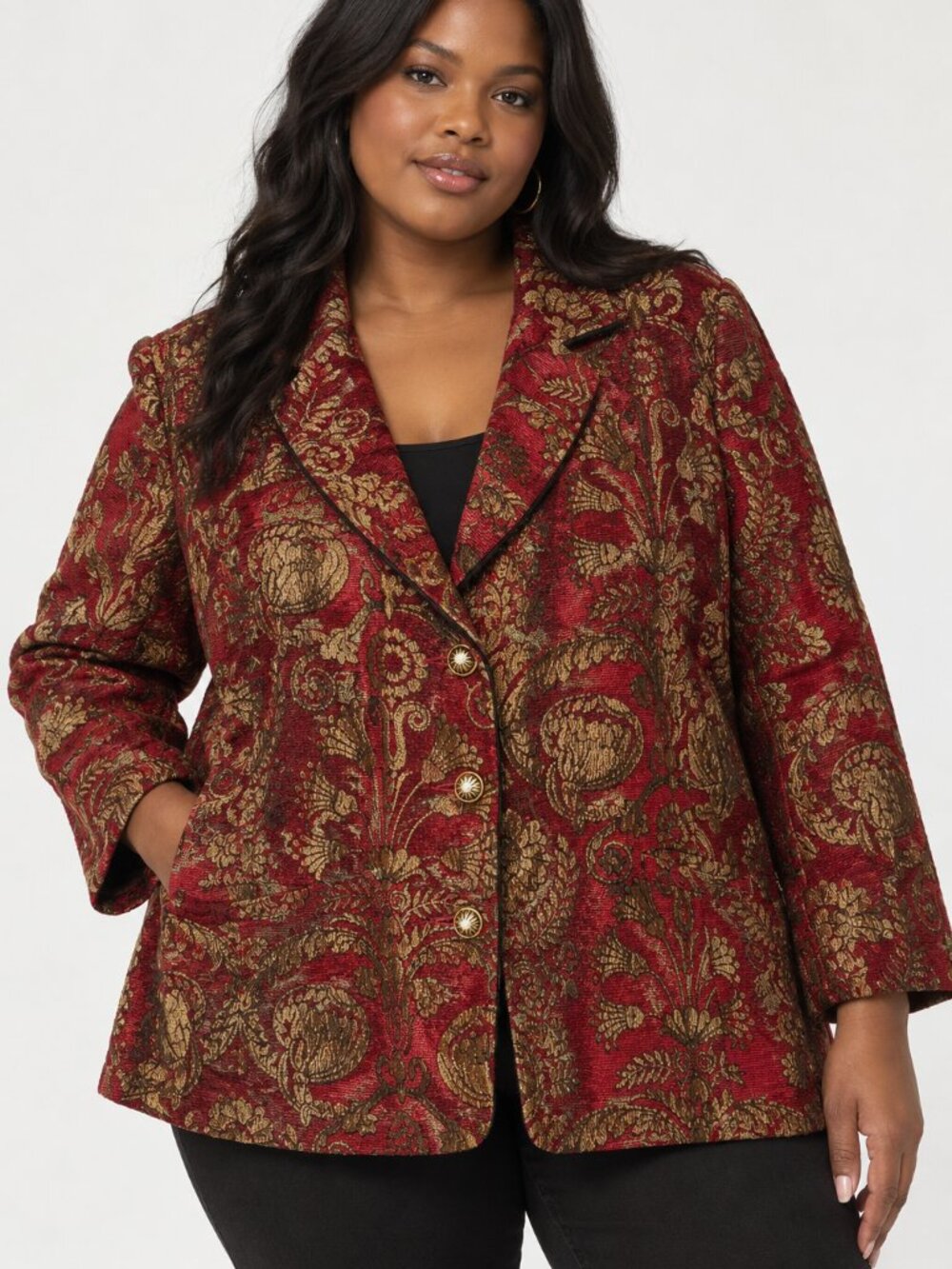 Vintage Erin London Metallic Gold Damask Brocade Floral Tapestry Blazer